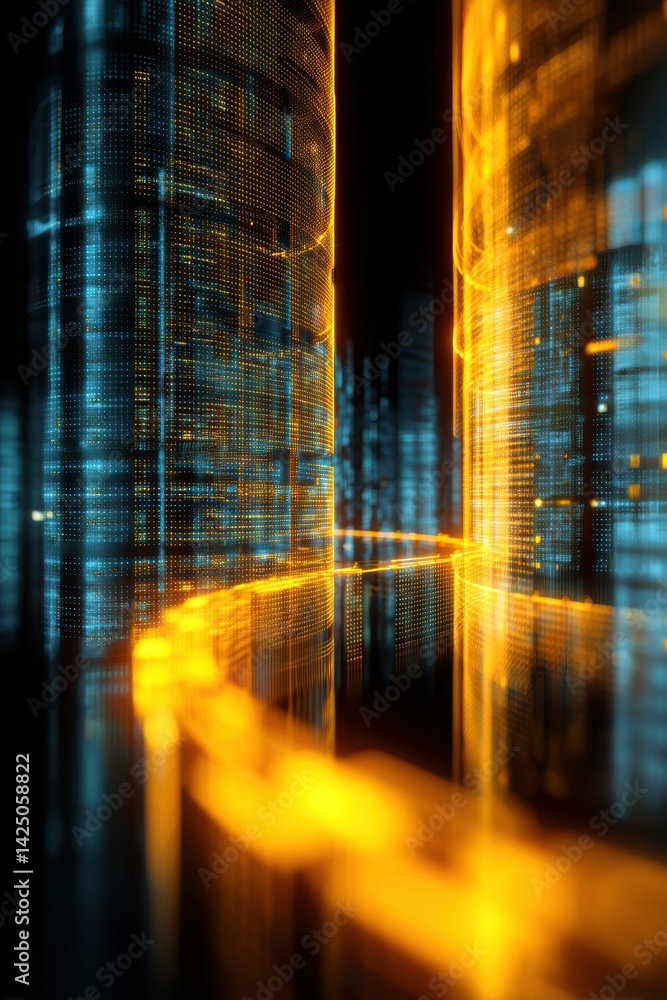 Poster digital city with orange connection lines on abstract building structures and tech details dark back