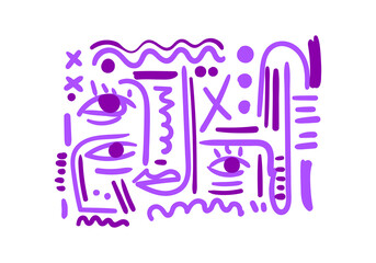 Abstract cubism line art featuring expressive faces with blue and purple gradient tones. 