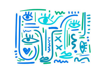 Abstract cubism line art featuring expressive faces with blue and purple gradient tones. 