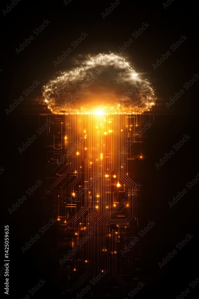 Poster glowing cloud network connection and data transfer technology on abstract digital background