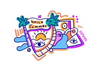 Obraz premium Modern pop art cubism illustration featuring summer elements like palm trees, sun, and abstract faces with the text Hello Summer