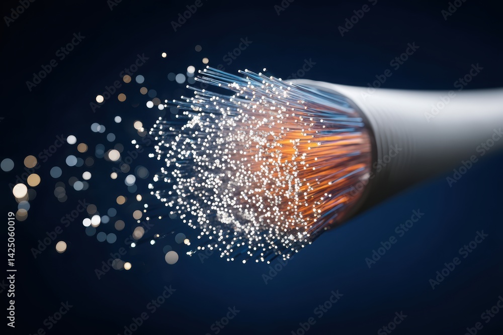 Poster macro view of a fiber optic cable transmitting data with futuristic blue and orange gradient color