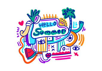 Modern pop art cubism illustration featuring summer elements like palm trees, sun, and abstract faces with the text Hello Summer