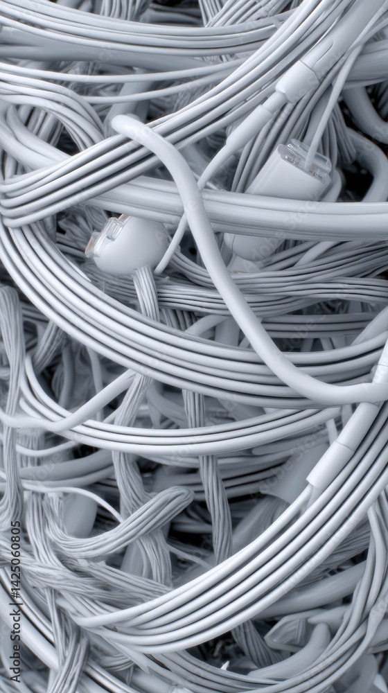 Aufkleber entangled white cables with connectors in a close up view implying messy networks and connectivity c