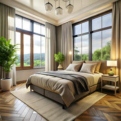 a bedroom with a bed a window and a large window
