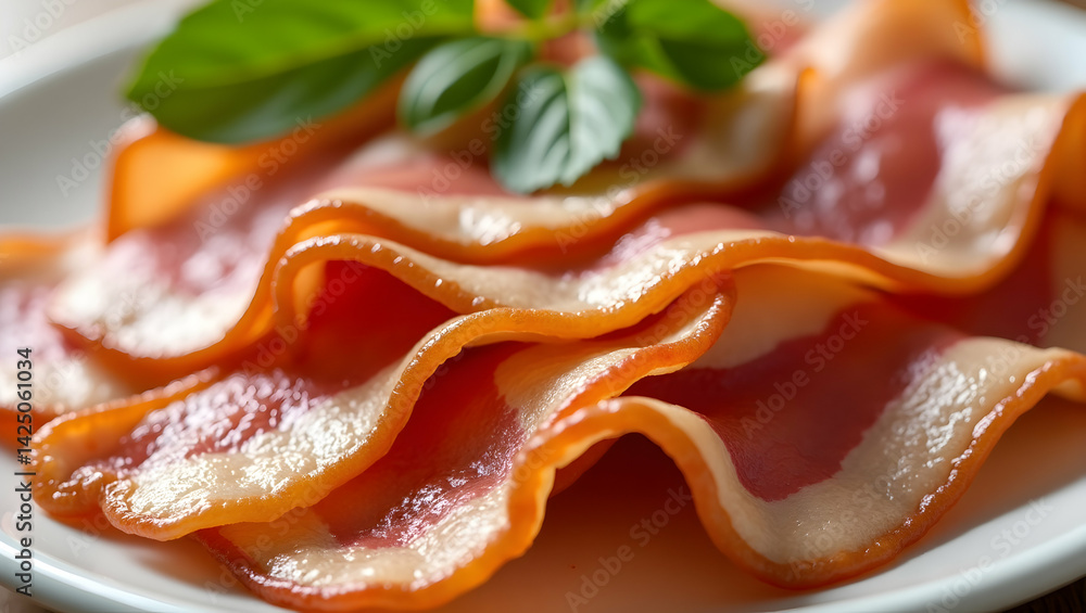 Poster appetizing bacon strips on a white plate, carefully overlapped and adorned with a fresh garnish spri