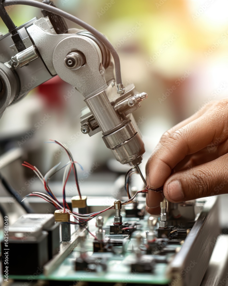 Aufkleber manual precision assembly of electronic circuit board with robotic arm in high tech industry