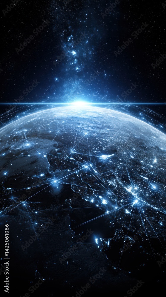 Poster visualizing global connectivity earth at night with city lights and data network glowing in space