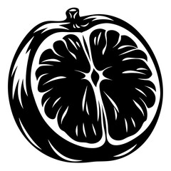 Dramatic black and white graphic illustration of a cut orange fruit design