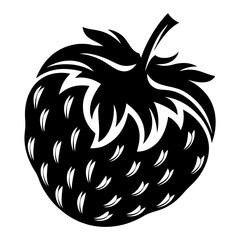 Bold stylized illustration of a strawberry fruit in black and white colors