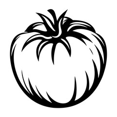 Monochrome illustration of a tomato with leafy top in vector format