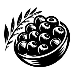 Stylized olives in a bowl with branch in simple black and white