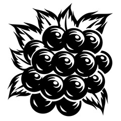 Black and white stylized illustration of a blackberry with leaves around it