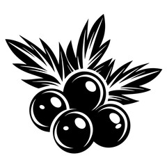 Black and white stylized illustration of an aronia berry branch with leaves
