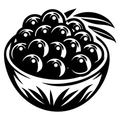 Black and white illustration of a bowl full of berries and leaves