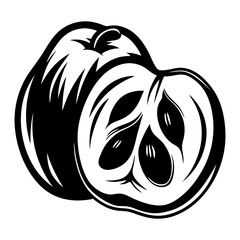 Stylized Illustration of a Cut Quince Fruit with Seeds in Black and White