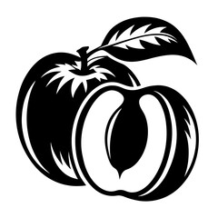 Black and White Vector Illustration of Two Peaches with a Leaf