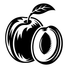 Bold Black and White Illustration of a Whole and Sliced Plum