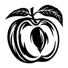 Monochrome depiction of a peach with leaves and pit in graphic style