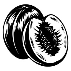 Black and white illustration of a whole peach and a peach half