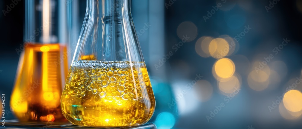 Poster golden liquid experiment close up displaying bubbles in science flask against blurry background