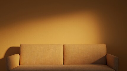 A cozy, textured sofa against a warm, softly lit wall, creating a welcoming and comfortable atmosphere.