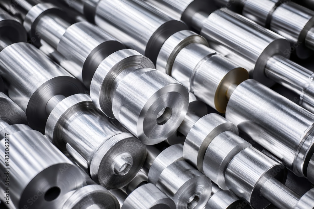 Poster machined precision silver metal cylindrical components in tightly packed array industrial setting