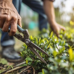 Obraz premium Pruning with Care a Tranquil Garden Scene of a Gardener Using Clippers on a Vibrant Green Plant