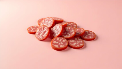 Obraz premium Artistic Arrangement of Sliced Sausage Medallions on Light Pink, A Visually Appetizing Food Still Life Perfect for Culinary Content