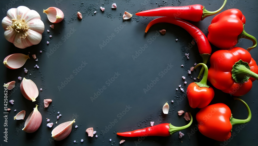 Poster artistic flat lay composition featuring vibrant red chili peppers and fresh garlic on a stone surfac