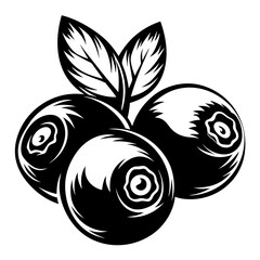 Monochrome illustration of a group of blueberries with accompanying leaves