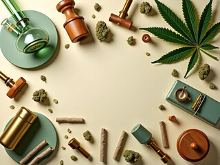 Artistic Flat Lay Composition Featuring Cannabis Related Items in Harmonious Arrangement, Ideal for Medical Purposes and Natural Wellness Product Promotion, Creative Design