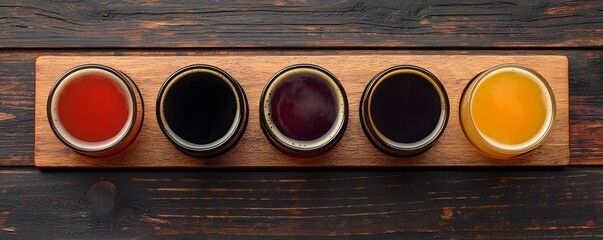 Rustic wooden beer flight board with four colorful craft beers arranged on a wooden table background  Concept of beer tasting session sampling of various craft brews