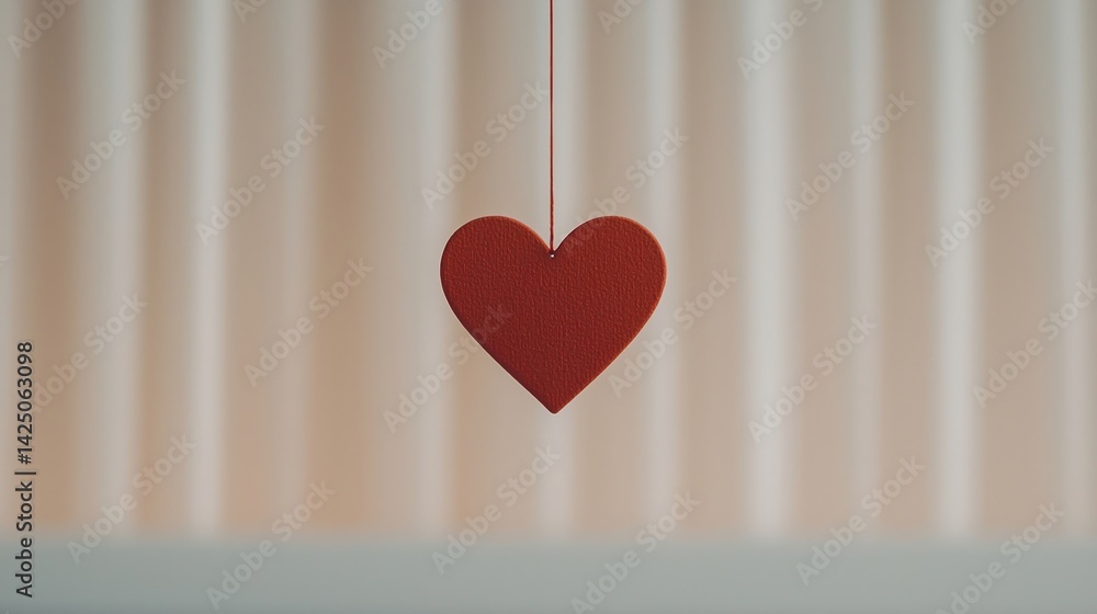 Poster a simple red heart hangs from a string against a soft, neutral backdrop, symbolizing love and affect