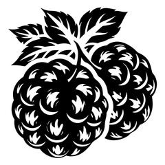 Stylized black and white illustration of two raspberries with leaves attached