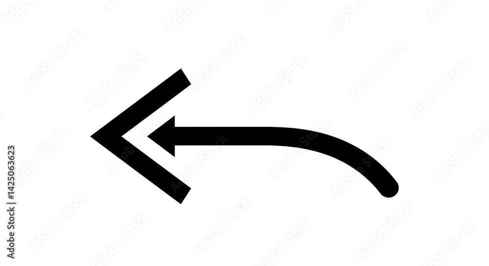 Aufkleber a black arrow pointing left with a curved tail on a black background in a simple graphic design