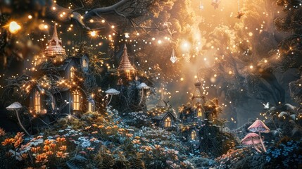 Obraz premium Enchanting Fairy Forest with Twinkling Lights and Mushroom Houses