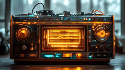Retro Futuristic Boombox Glows Brightly In The Room