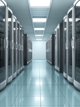 Server room showcasing data center infrastructure connectivity network storage cloud technology perspective
