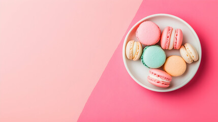 Colorful macarons on pink plate, pastel background, sweet treats, food photography, perfect for blogs or recipe sites