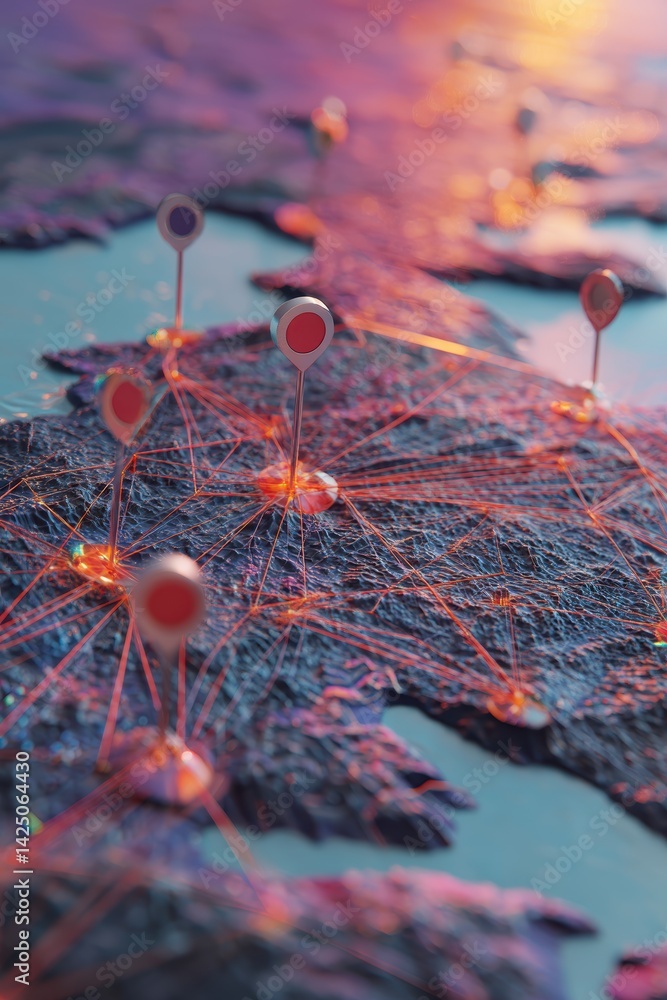 Poster global network visualization connecting location pins across abstract topography in evening light