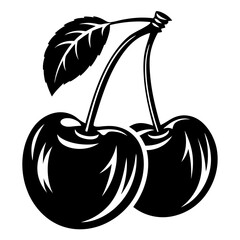 Stylized black and white image of two cherries and a leaf on white