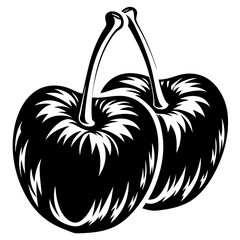 Two stylized cherries in black and white simple and clean design