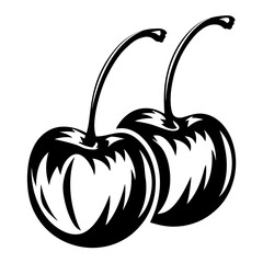 Stylized monochromatic drawing of two cherries connected by a single stem