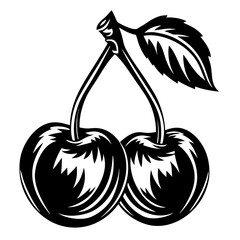 Stylized Black and White Cherry Illustration with a Leaf and Stems