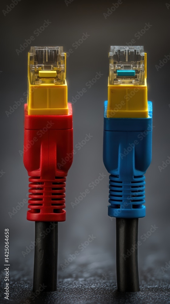 Poster red and blue ethernet cables stand out against a textured surface in this engaging macro shot