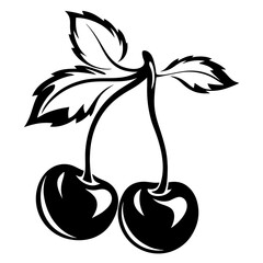 Black and white cherries with leaves, vintage style vector illustration