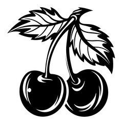 Two cherries with stems and leaves in high contrast black and white