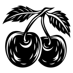 Stylized Cherry Duo with Leaves in Bold Black and White Design