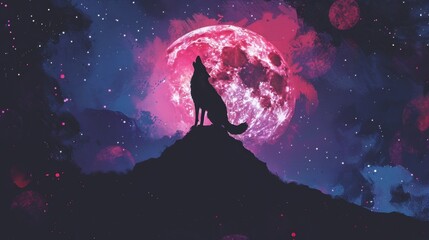 Silhouetted Wolf Howling Under Pink Moon in Cosmic Sky